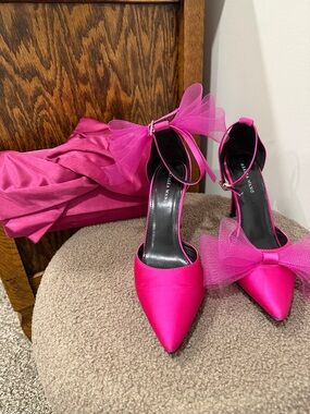 Hot Pink Bow Ankle-Strap Pointed-Toe Heels